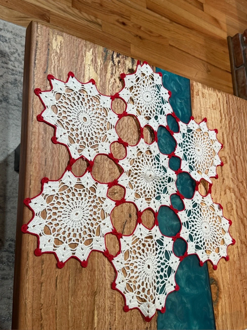 Vintage Handmade Crochet Holiday Table Accent - White with Red Trim